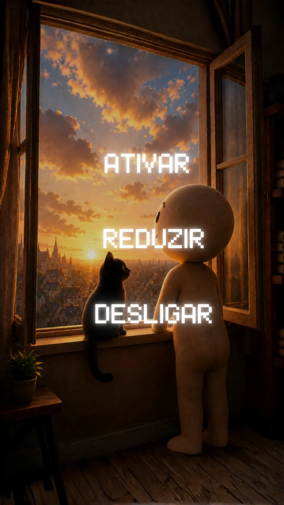 Página do Método LUX®: personagem e gato preto diante da janela ao pôr do sol, com as palavras ATIVAR, REDUZIR e DESLIGAR