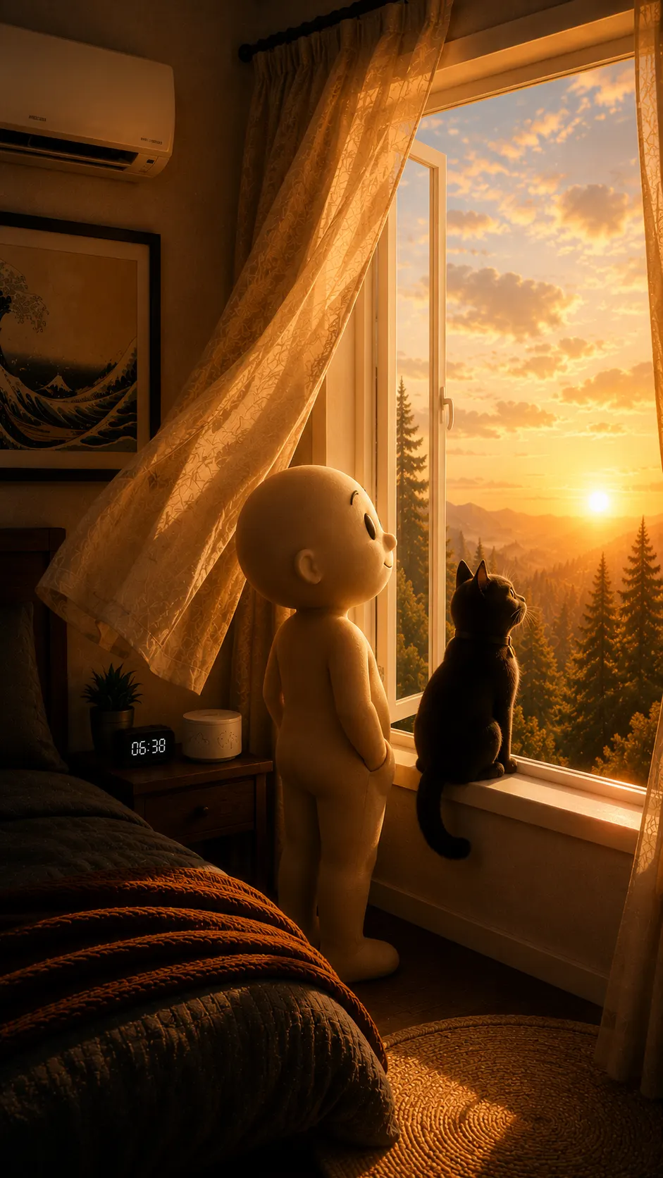 Página ilustrada do livro: personagem e gato preto observam o nascer do sol pela janela do quarto, despertador marcando 6h38