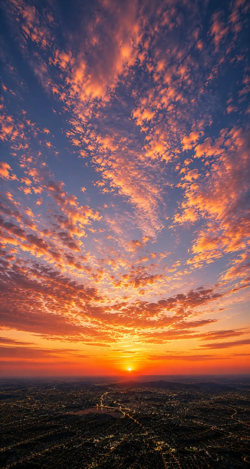 Nascer do sol sobre a cidade ao amanhecer, céu em tons de laranja e azul